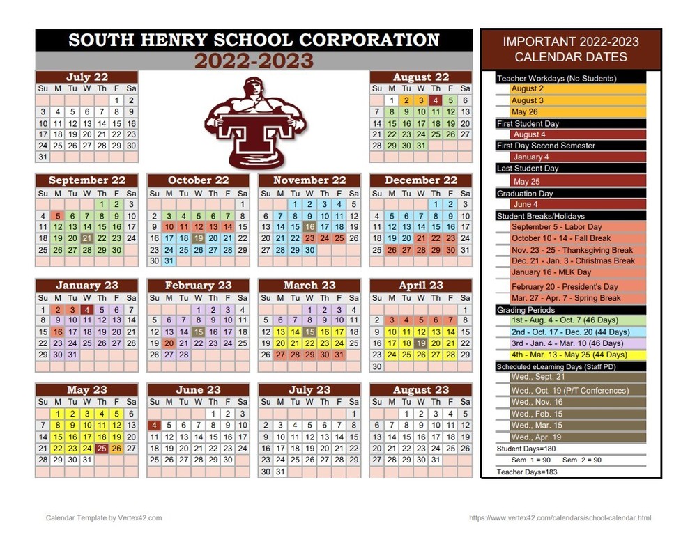 2022 2023 School Calendar South Henry School Corporation